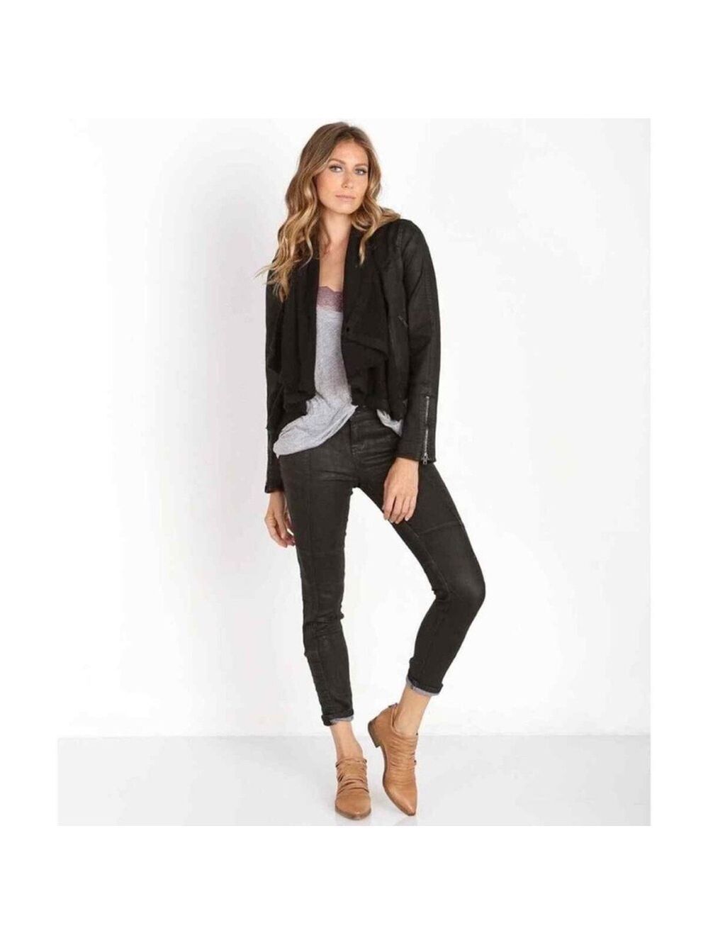 Free People Drape Front Moto Jacket Women’s 6 Black Boho Denim Zip-Sleeve